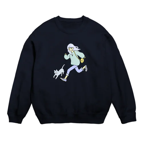 女の子と猫走る Crew Neck Sweatshirt