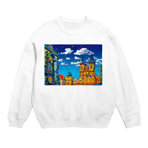 チェコ プラハの天文時計とティーン教会 Crew Neck Sweatshirt