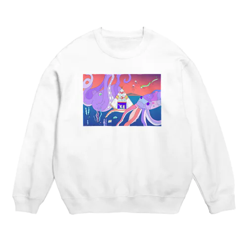 深海でDJするねこ、タコとイカ、クラゲ、リュウグウノツカイ Crew Neck Sweatshirt