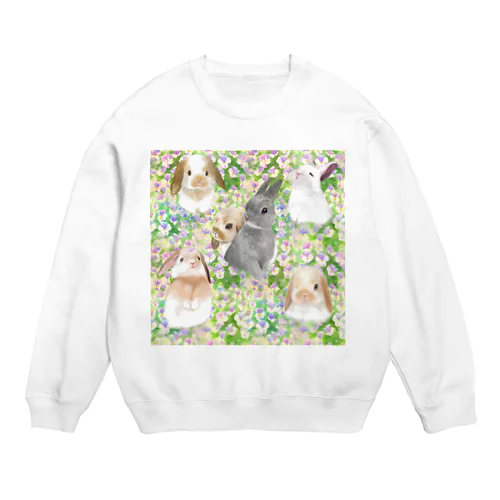 パンジーのお花畑とかわいいうさぎたちのシームレスパターンイラスト Crew Neck Sweatshirt