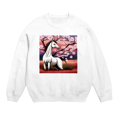 夜桜に佇む芦毛の怪物くん Crew Neck Sweatshirt