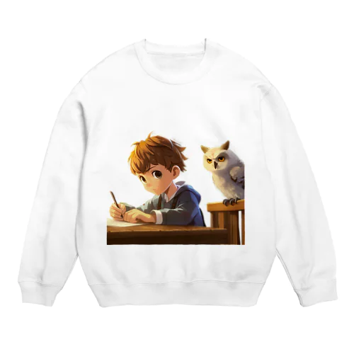 少年の宿題とフクロウ先生 Crew Neck Sweatshirt