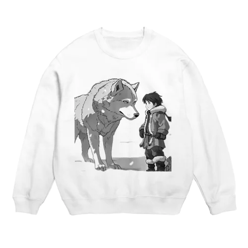 雪原の少年とオオカミ Crew Neck Sweatshirt