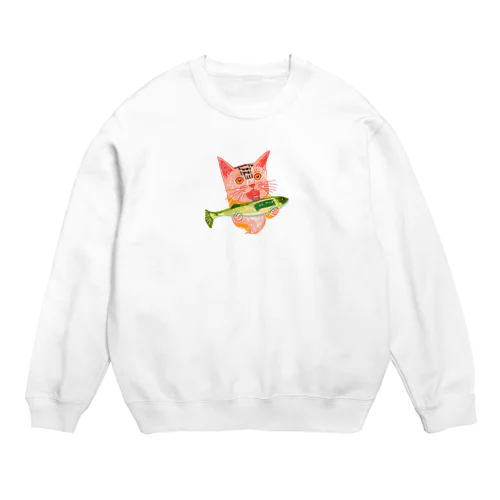 秋刀魚を美味しそうに食べる猫 Crew Neck Sweatshirt