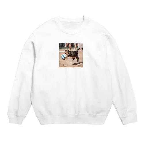 バレーボールをする猫 Crew Neck Sweatshirt