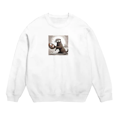 ラグビーボールを持つカワウソ Crew Neck Sweatshirt