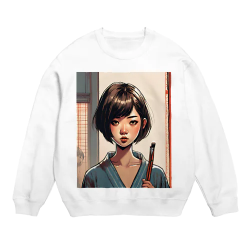 おかっぱ頭のミステリアスな女性画家 Crew Neck Sweatshirt