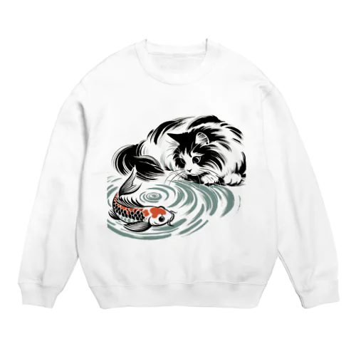 猫と鯉（水墨画風） Crew Neck Sweatshirt