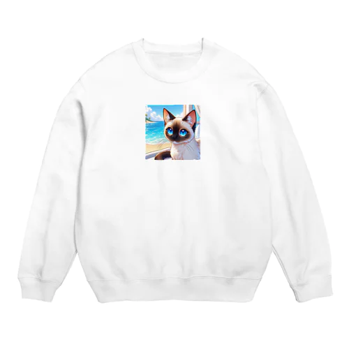 シャム猫のサファイヤ海に輝く Crew Neck Sweatshirt