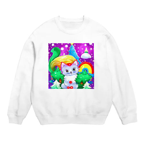 クリスマスホワイトキャット Crew Neck Sweatshirt