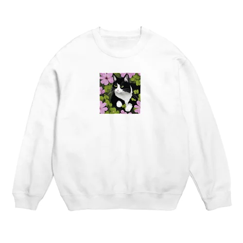 ハチワレ白黒猫とオキザリス Crew Neck Sweatshirt