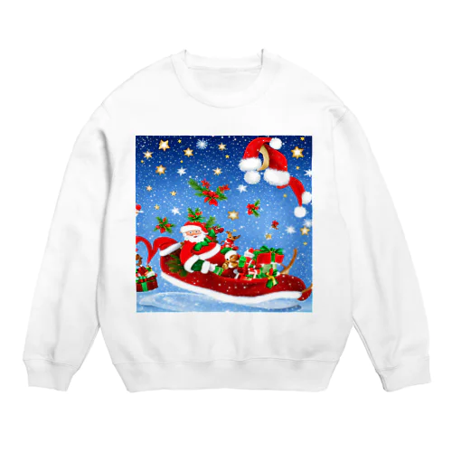 雪降るクリスマスイブにプレゼントを配達するサンタクロースとトナカイ Crew Neck Sweatshirt