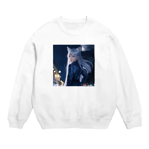 「深夜の邂逅：猫耳の不思議な出会い」 Crew Neck Sweatshirt