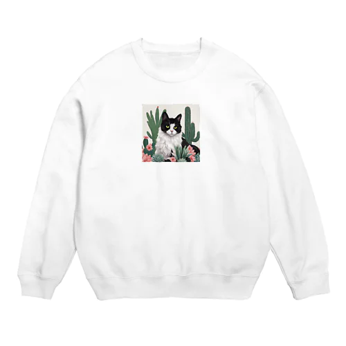 ハチワレ白黒猫とサボテン Crew Neck Sweatshirt