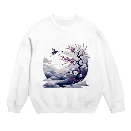 白背景の和風夜景 - 月と梅と鶴 Crew Neck Sweatshirt