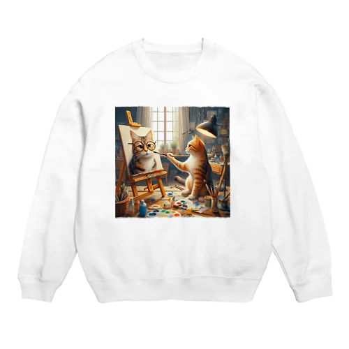 ネコを描くネコ Crew Neck Sweatshirt