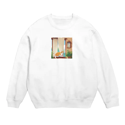 カーテンで遊んでいる猫 Crew Neck Sweatshirt