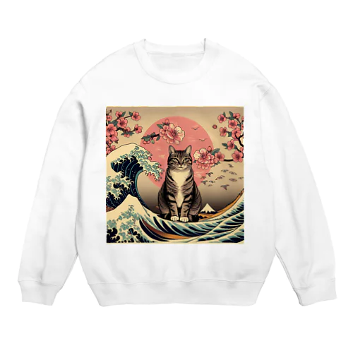 浮世絵猫　波桜 Crew Neck Sweatshirt