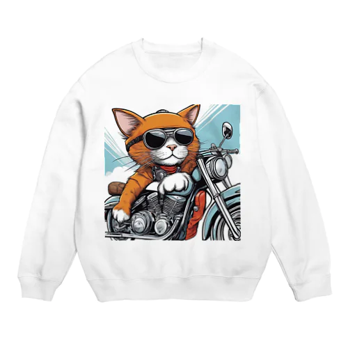 サングラスをかけて、バイクを楽しんでいる猫 Crew Neck Sweatshirt