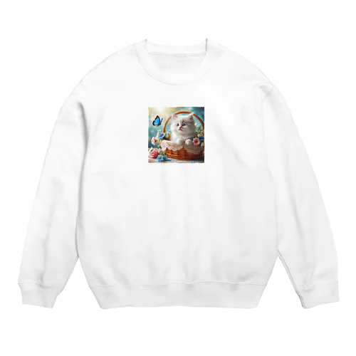 「青い蝶々を見つめる白猫」 Crew Neck Sweatshirt