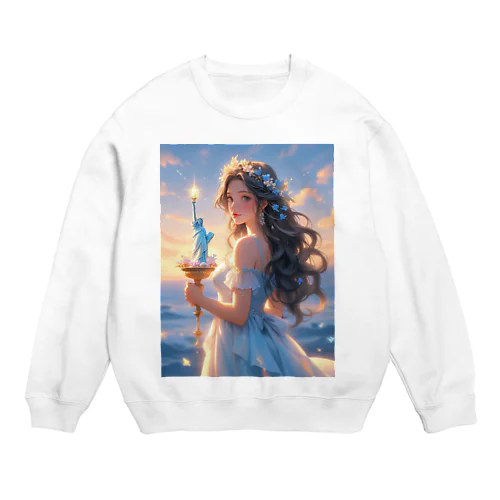 自由の女神のミニチュアを持つ少女 Crew Neck Sweatshirt