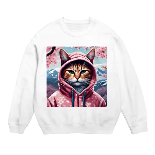 桜舞うなかオシャン猫 Crew Neck Sweatshirt