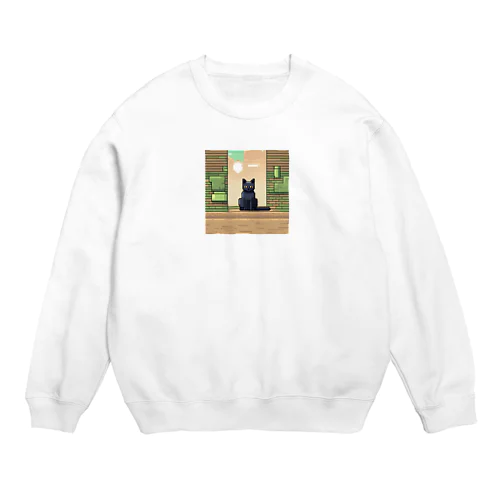 街中でたたずむ黒猫 Crew Neck Sweatshirt