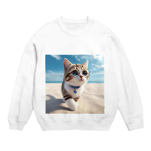 南国の海辺を歩く勇ましさに胸キュン猫 Crew Neck Sweatshirt