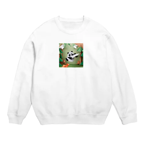 フリスビーで遊ぶ折り紙パンダ Crew Neck Sweatshirt