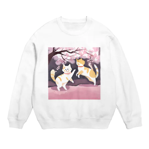 桜で遊ぶ犬と猫 Crew Neck Sweatshirt