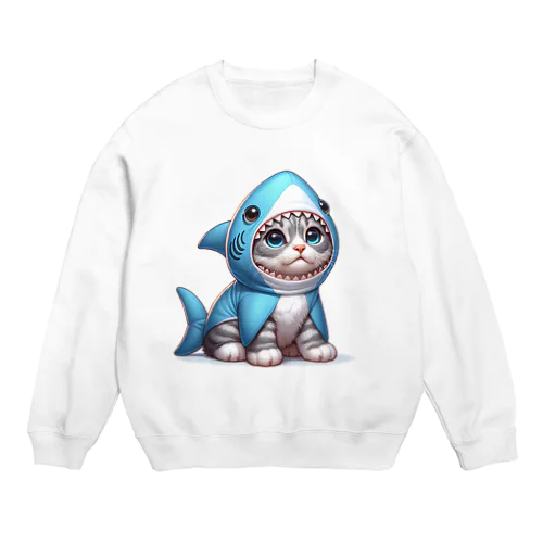 サメのフードを被った子猫 Crew Neck Sweatshirt