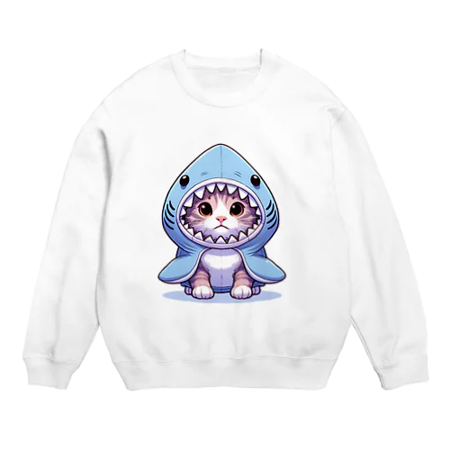 可愛らしい子猫とサメのフード Crew Neck Sweatshirt