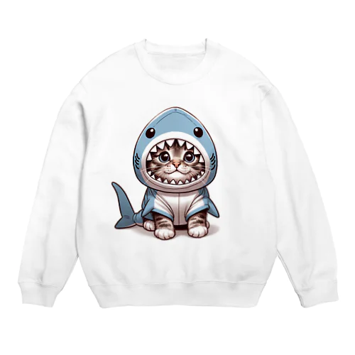 サメのフードを被った愛くるしい子猫 Crew Neck Sweatshirt