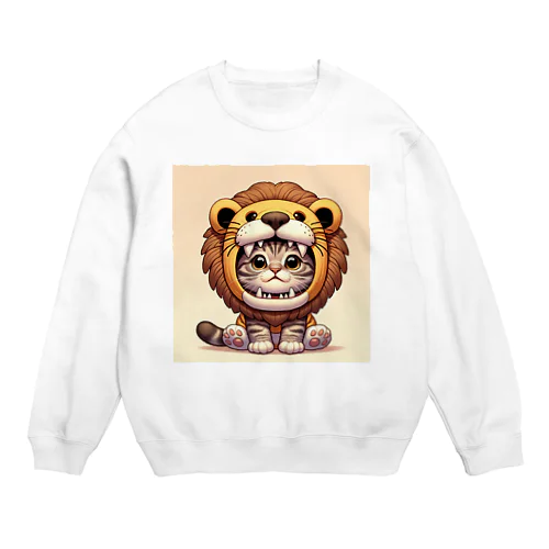 ライオンのフードが座っている子猫 Crew Neck Sweatshirt