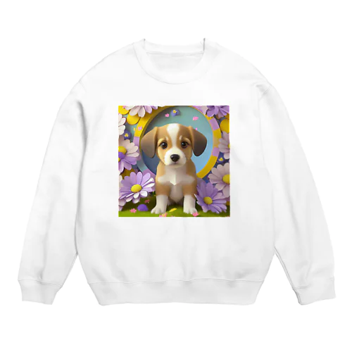 陽気な子犬と春の花々 Crew Neck Sweatshirt