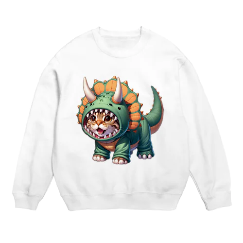 トリケラトプスのフードを被った子猫 Crew Neck Sweatshirt