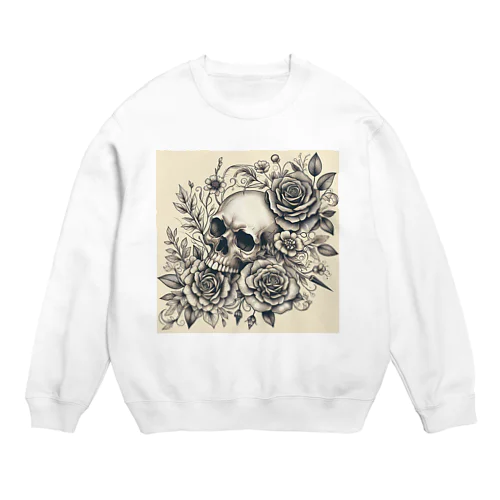 モノクロ 花とスカル Crew Neck Sweatshirt