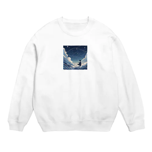 鮮やかな世界に包まれた、幻想的な雲の中をかける少年。風 Crew Neck Sweatshirt