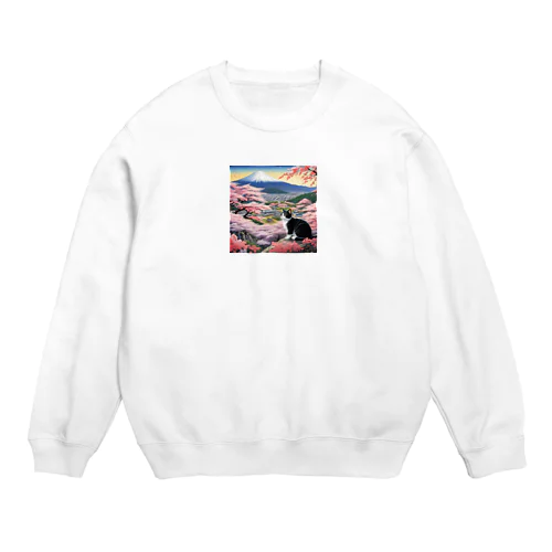 桜と富士山と猫 Crew Neck Sweatshirt