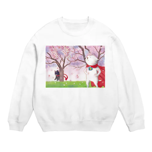 花見を楽しむ子犬マン（…と怪盗黒猫） Crew Neck Sweatshirt