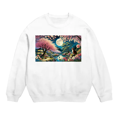 夜桜と猫 Crew Neck Sweatshirt