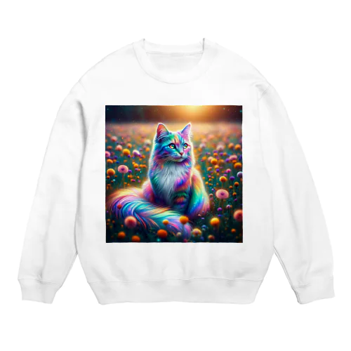 虹色に輝く優雅な猫 Crew Neck Sweatshirt