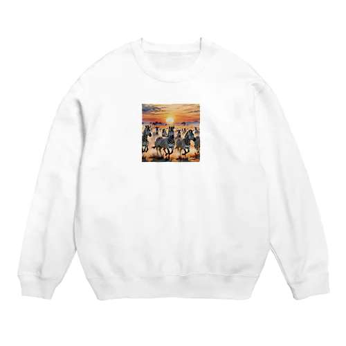 夕焼けを走るシマウマ Crew Neck Sweatshirt