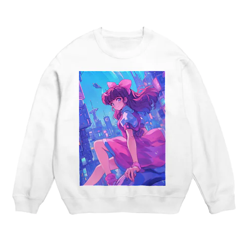 昭和レトロアニメ風近未来ガール Crew Neck Sweatshirt