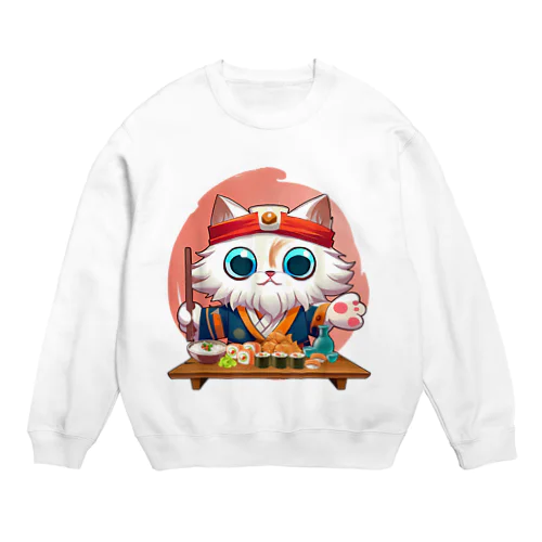 猫 寿司 食べる 可愛い 動物 ペット 日本 食べ物 猫 シェフ Crew Neck Sweatshirt