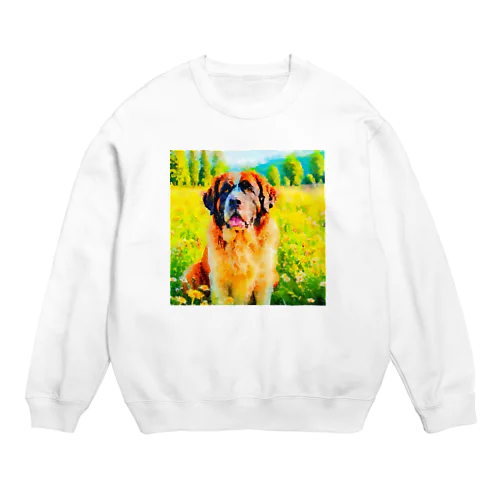 水彩画の犬 花畑のセントバーナードのイラスト Crew Neck Sweatshirt