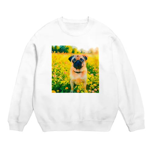 水彩画の犬 花畑のパグのイラスト Crew Neck Sweatshirt