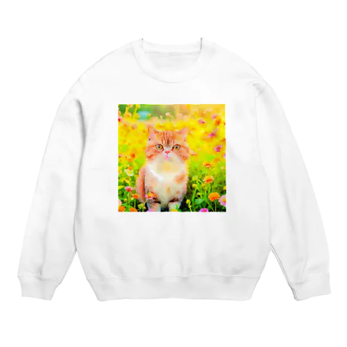 猫の水彩画/花畑のエキゾチックショートヘアねこのイラスト/茶トラネコ Crew Neck Sweatshirt