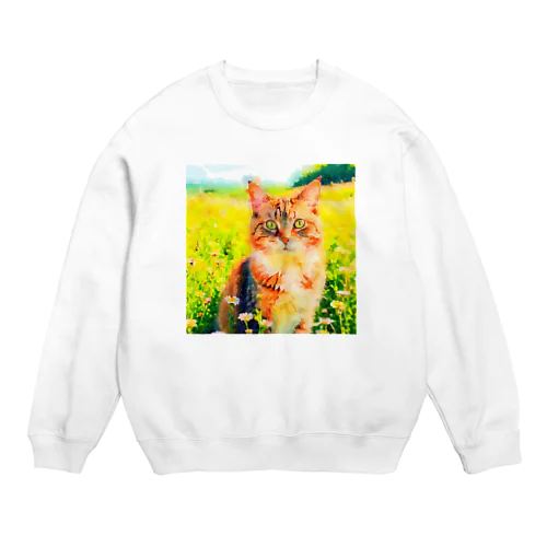 猫の水彩画/花畑のマンクスねこのイラスト/キジトラネコ Crew Neck Sweatshirt