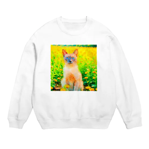 猫の水彩画/花畑のトンキニーズねこのイラスト/ポイントネコ Crew Neck Sweatshirt